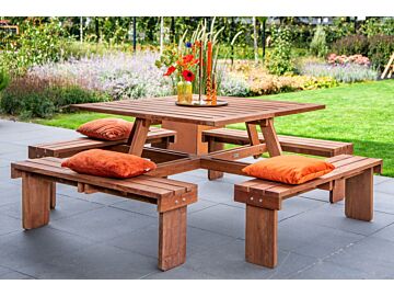 Picknicktafel vierkant hardhout mahonie 210x210x75cm