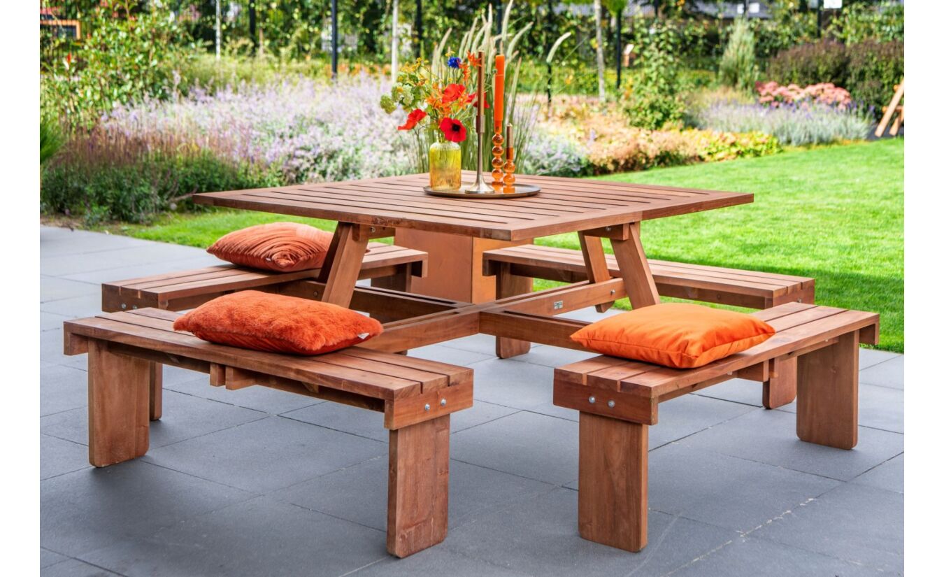 Picknicktafel vierkant hardhout mahonie 210x210x75cm
