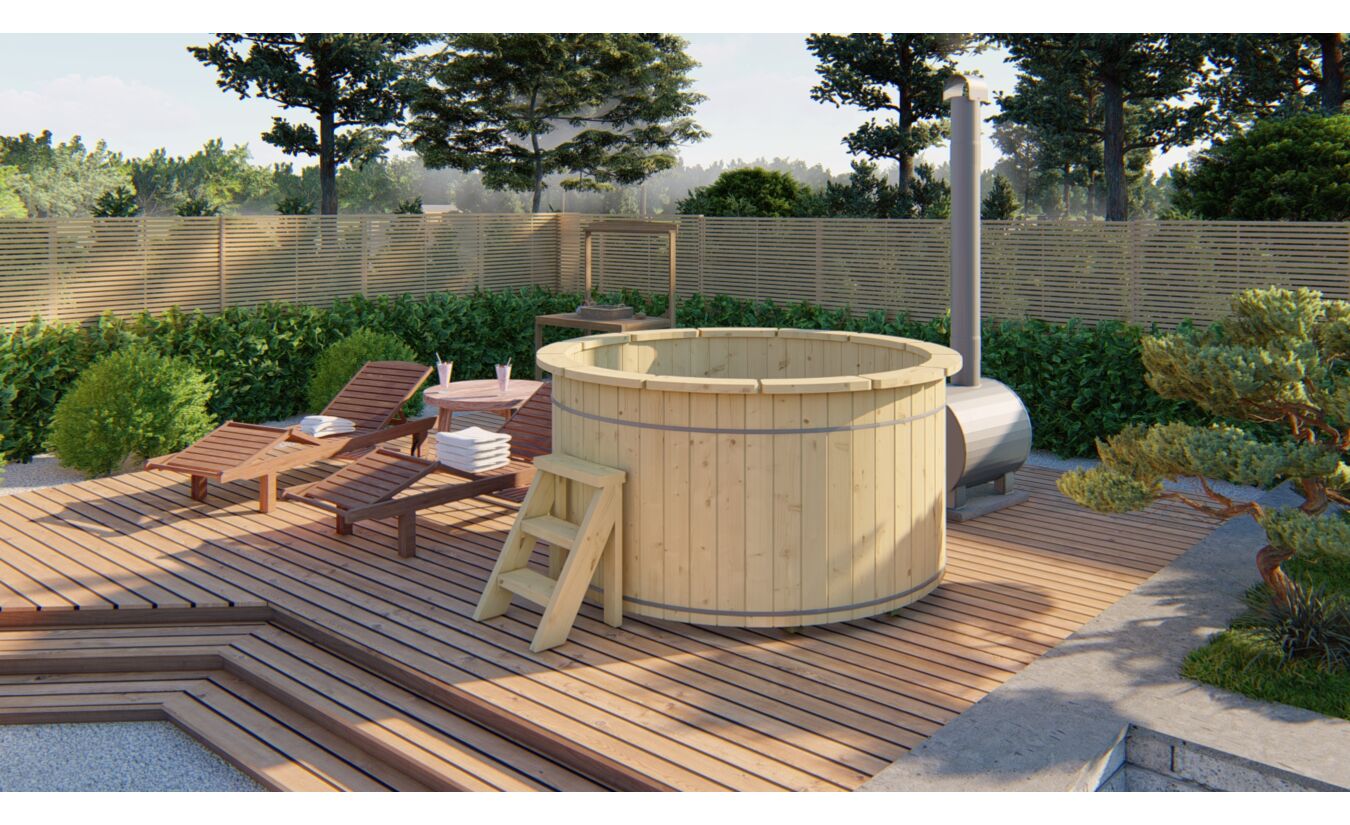 Houten tobbe hottub vurenhout met externe kachel Ø200x105cm