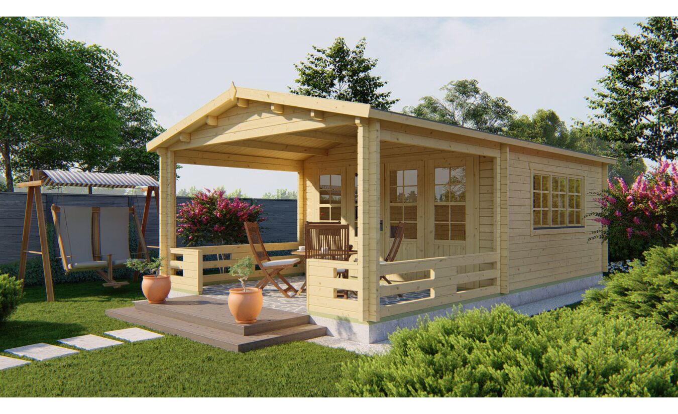 Blokhut Leeds 440x440cm + veranda / luifel 290cm